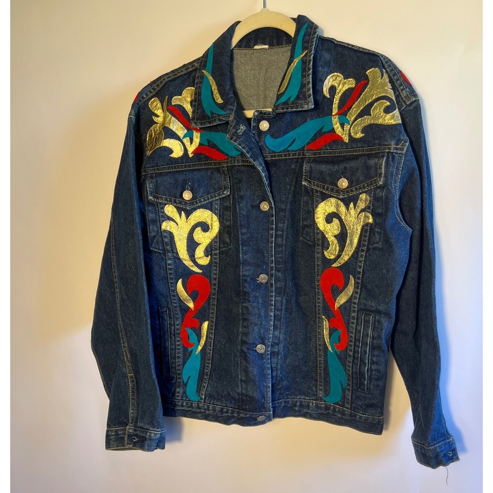Custom Hand Painted Denim Jacket Art 2 Wear Large Gold Teal Red Scroll Vintage